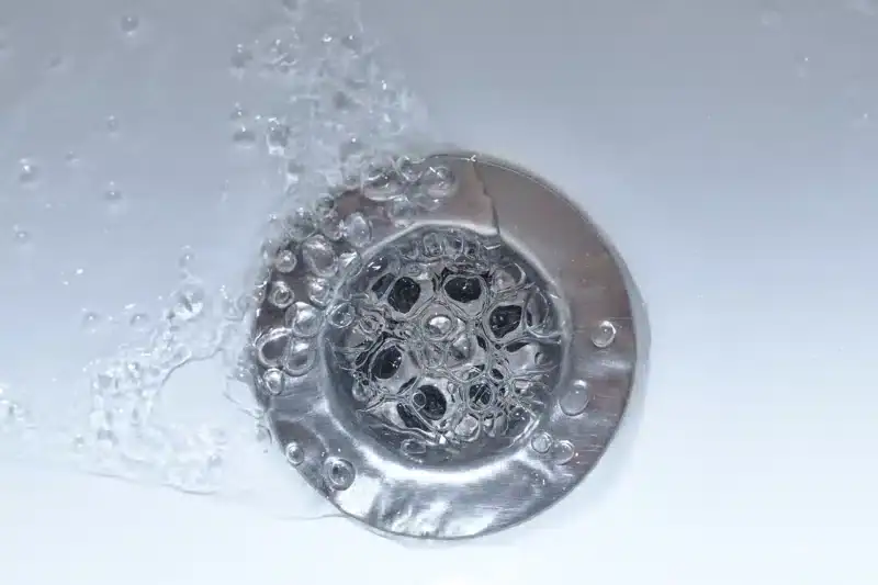 Close-up of water swirling around and going down a shiny metal drain in a white sink—just as AC services North Attleboro keep your system running smoothly, ensuring everything flows properly.