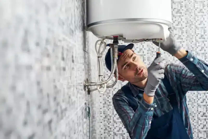 A man wearing gloves, a cap, and overalls uses a screwdriver to repair or install a wall-mounted water heater in a tiled room, demonstrating the expertise you can expect from AC Services North Attleboro.