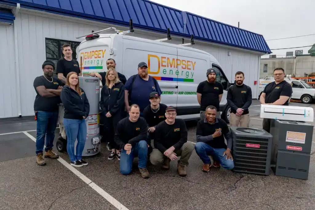 A group of twelve people in matching Dempsey Energy shirts pose outside in front of a company van and HVAC units, representing your trusted HVAC contractor in North Attleboro, MA, next to a white building with a blue roof.