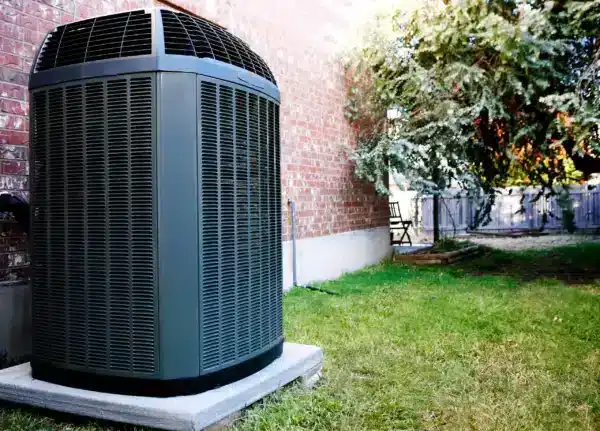 A large outdoor air conditioning unit sits on a concrete pad next to a brick house, maintained by an expert HVAC Contractor North Attleboro, surrounded by green grass and trees in a residential yard.