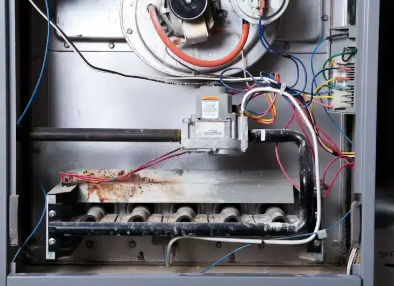 Close-up of the inside of a furnace, showing wires, pipes, and metal components with some rust near the burners—trust an experienced HVAC Contractor North Attleboro, MA to inspect and maintain your system.