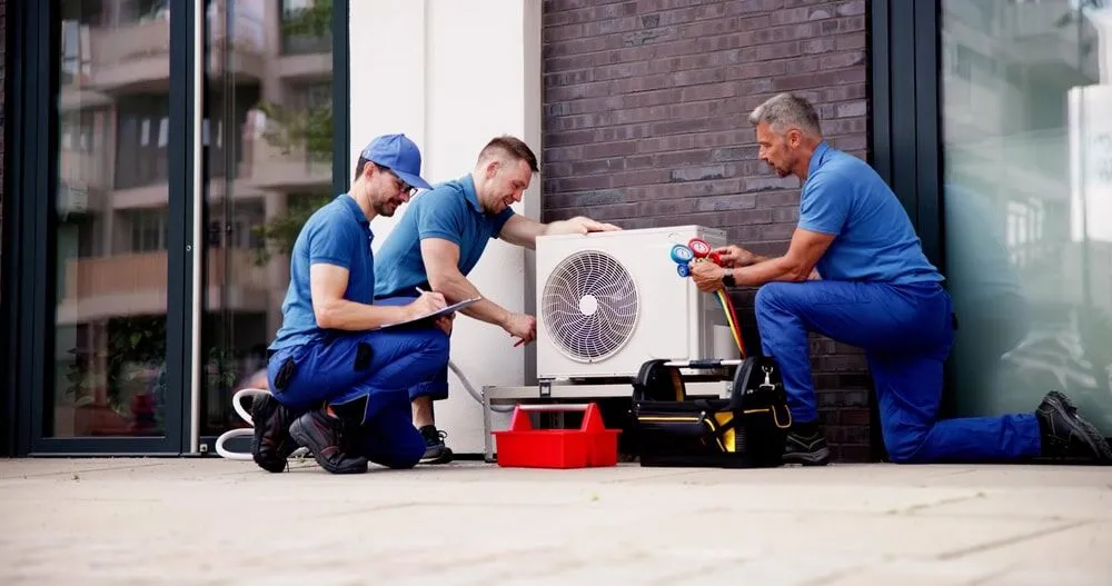 Three technicians in blue uniforms, representing an HVAC Contractor North Attleboro, MA, install or repair an air conditioning unit outside a building; one writes on a clipboard while the others use tools from a red toolbox.