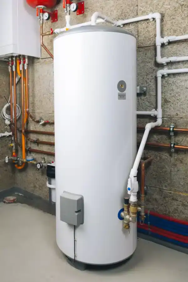 A white hot water heater tank stands in a North Attleboro utility room, connected to copper and PVC pipes on a beige wall. An HVAC Contractor North Attleboro handled the install; other plumbing components are visible nearby.