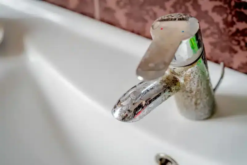 A close-up of a bathroom sink faucet with visible limescale and mineral buildup on the metal surface. The faucet, attached to a white basin with a drain hole below, highlights common issues often addressed during AC services in North Attleboro homes.
