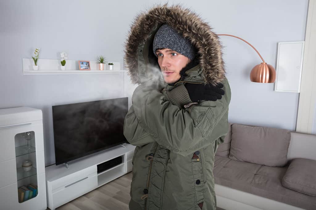 A person wearing a thick, fur-lined parka and knit hat stands indoors, exhaling visible breath. The background features a modern living room with a TV, shelf, and couch. The individual appears to be cold.