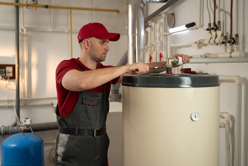 A technician in a red shirt, red cap, and dark overalls uses a wrench to adjust a valve on top of a large water heater in a utility room. Visible pipes and equipment highlight the expertise of an HVAC Contractor North Attleboro.