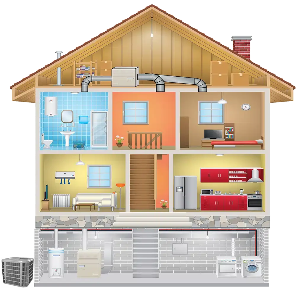 Cross-section illustration of a two-story house with a basement. Includes rooms like a bathroom, bedroom, living room, kitchen, and utility room. HVAC system, appliances, and stairs are visible. Exterior includes an AC unit.