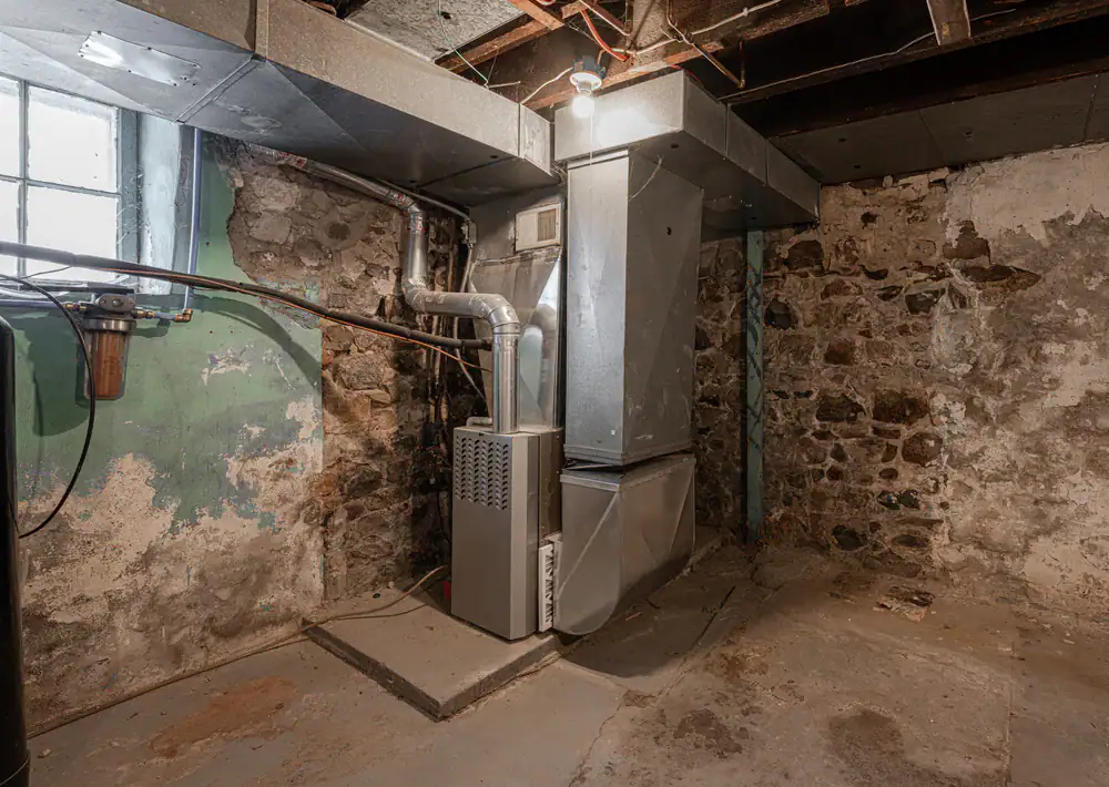 An old basement with stone walls, exposed pipes, and ducts. A metal HVAC unit, installed by a trusted HVAC Contractor North Attleboro,MA, sits on a concrete pad near a small window amid worn floors and unfinished beams.