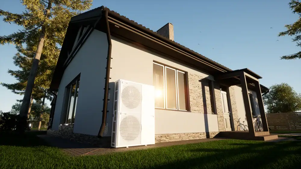 A modern single-story house in MA with a heat pump unit installed outside, sunlight shining on the windows, surrounded by trees, grass, and a wooden fence.