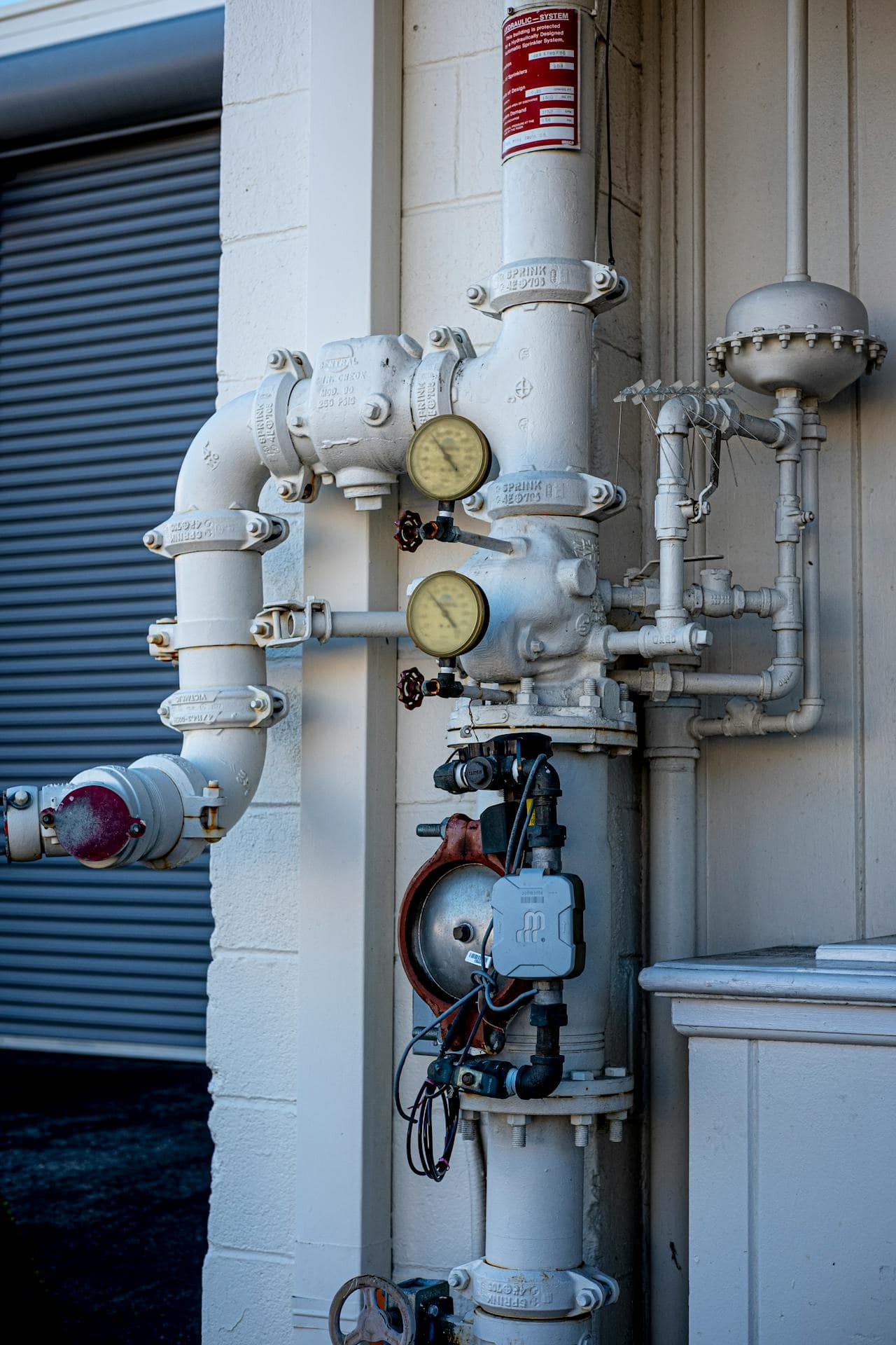 A white industrial pipe system with gauges, valves, and a red-capped hydrant, mounted on a white wall. A gray metal door is visible in the background.