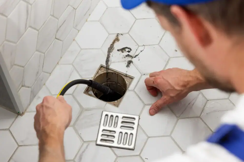 A plumber in MA uses a black drain snake tool to unclog a floor drain on a white hexagonal tiled bathroom floor. His hands and part of his face are visible as he works.