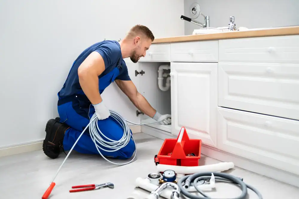 A plumber in blue overalls kneels by a white bathroom sink cabinet, working with cables and tools. A red toolbox and various plumbing equipment are laid out on the floor nearby, showcasing services by an experienced HVAC Contractor North Attleboro.