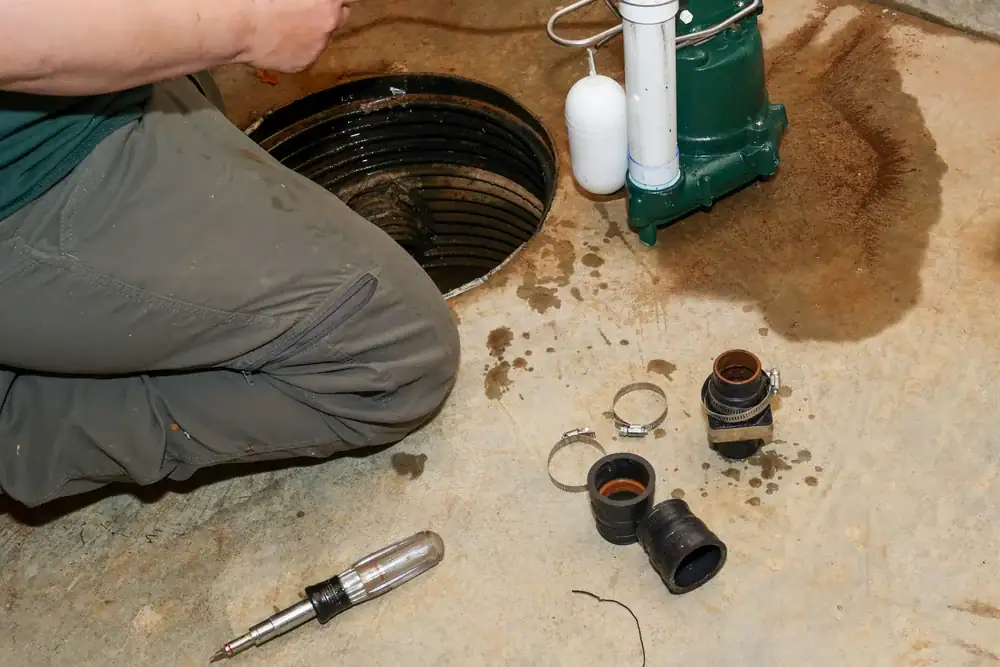 A person kneels on a basement floor in North Attleboro next to an open sump pit, with a submersible sump pump, plumbing parts, hose clamps, and screwdriver scattered nearby. Water stains mark the concrete&mdash;AC Services North Attleboro can help.
