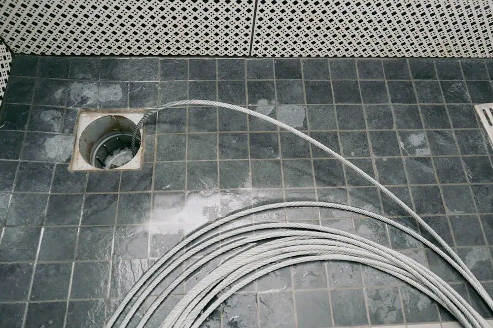 A bundle of gray cables lies coiled on a dark tiled floor near a square drain opening&mdash;details often seen during an AC Installation in North Attleboro, MA. In the background, a white perforated panel adds contrast.