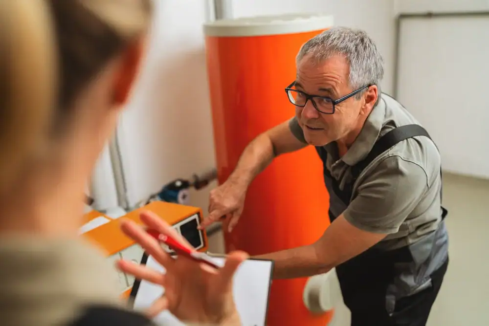 An older man wearing glasses, possibly an HVAC Contractor in North Attleboro, points and explains something to a woman in a utility room with an orange boiler. The woman listens attentively, holding a pen and clipboard.
